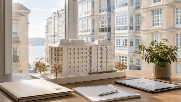 Maqueta de un edificio residencial con documentación y una tablet, representando la gestión profesional de comunidades de propietarios en A Coruña.