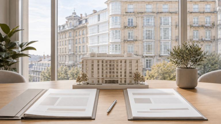 Dos propuestas de administración de fincas junto a una maqueta residencial, con edificios de galerías de A Coruña al fondo.
