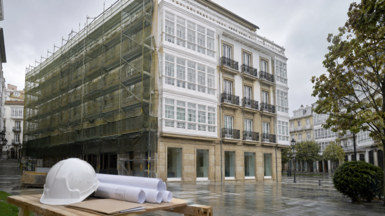 Edificio residencial con galerías en A Coruña durante una obra de rehabilitación, con andamios, casco y planos técnicos.